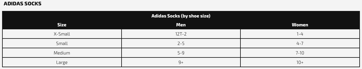 adidas sock chart